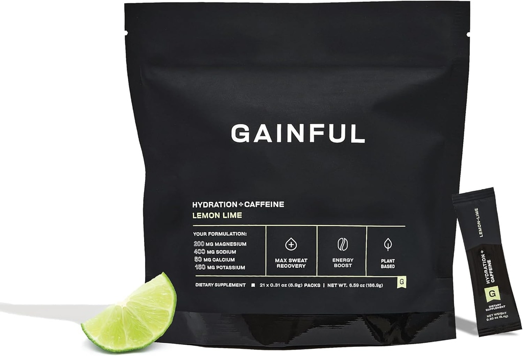 Hydratation Gainful + Packets de caféine avec électrolytes clés Magnésium & sodium + L Theanine, Mélange à faible teneur en sucre, Lime citron, 21 bâtonnets