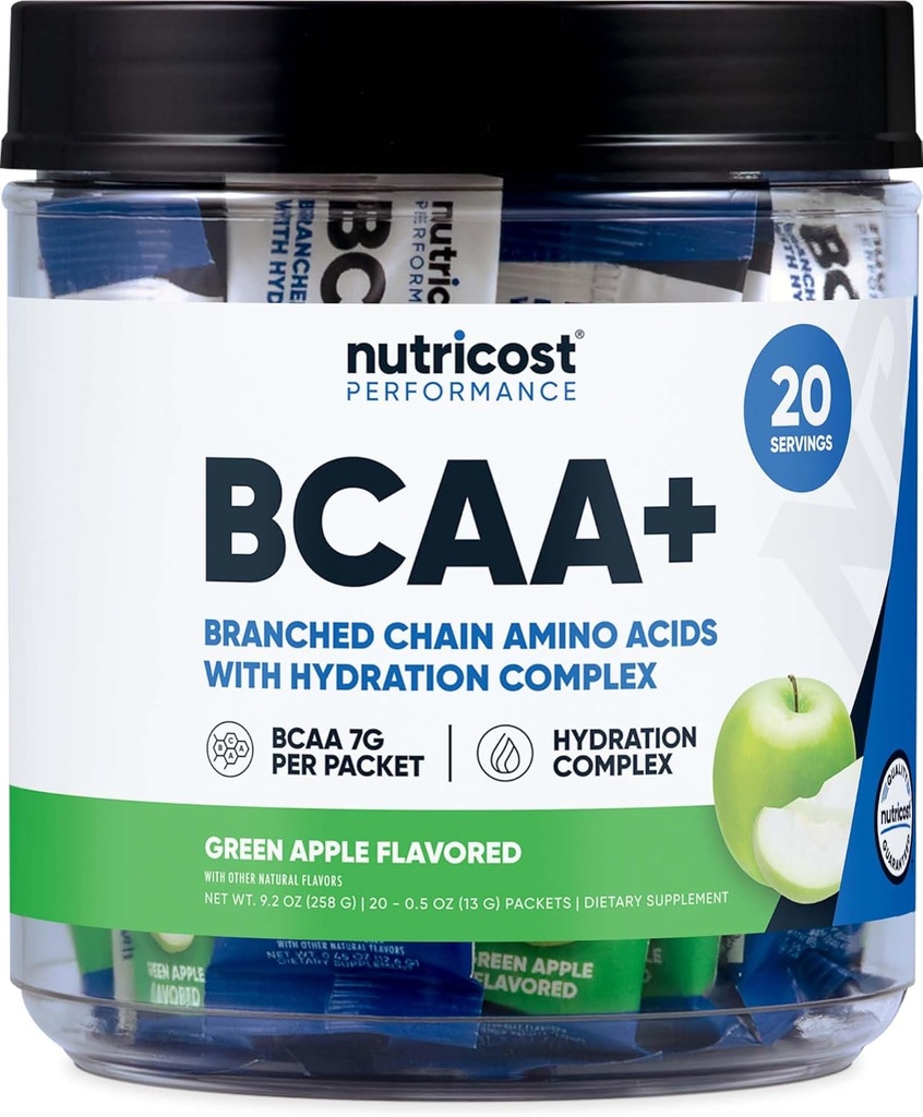 Nutricost BCAA+ Hydratation Green Apple Aromatisé (20 Stickpacks) - Acides aminés à chaîne ramifiée avec complexe d'hydratation - Sans gluten, sans OGM