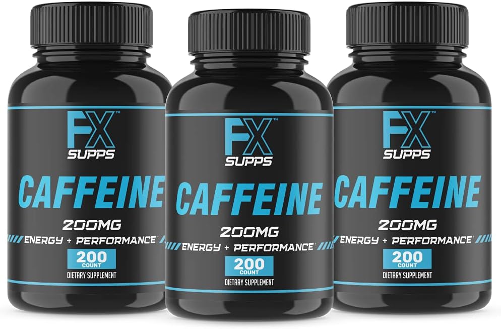 FXSUPPS Caféine 200mg Pills (3-Pack, 600 Capsules) – Supplément de soutien énergétique à action rapide pour les hommes et les femmes