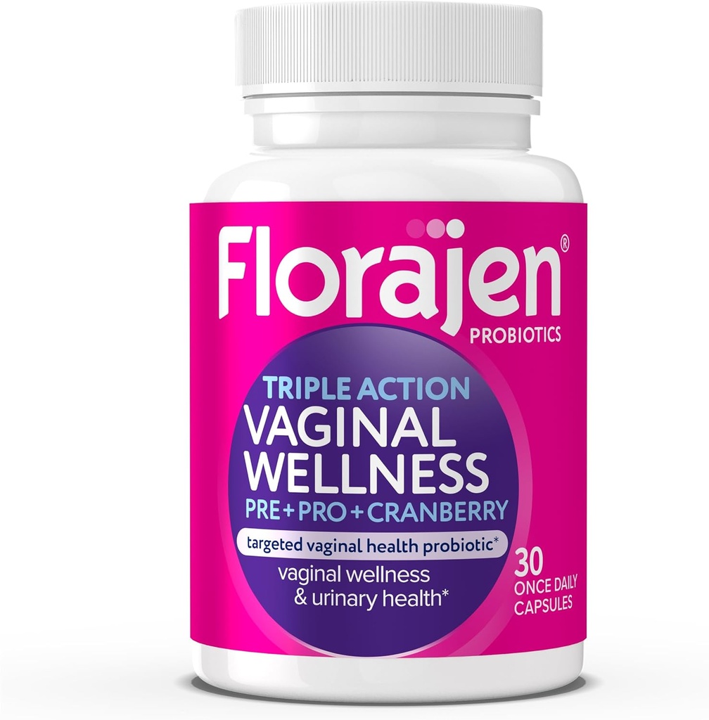 Florajen Femmes Triple-Action Probiotique - Prébiotique + Probiotique + canneberge pour le soutien vaginal, digestif et immunitaire - Agissant rapidement - Études cliniques - Sans gluten et végétalien - 30-Comte