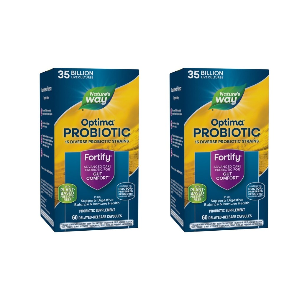 Nature's Way Fortify Optima Probiotique pour les adultes, 35 milliards de cultures, 15 souches, soutient l'équilibre digestif et la santé immunitaire*, pas de réfrigération nécessaire, 60 capsules (paquetage mai vary) - 2 paquets
