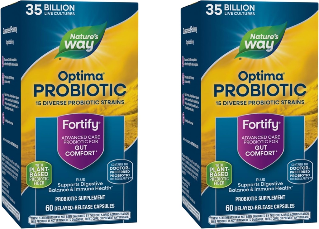 Nature's Way Fortify Optima Probiotique pour les adultes, 35 milliards de cultures, 15 souches, soutient l'équilibre digestif et la santé immunitaire*, pas de réfrigération nécessaire, 60 capsules (paquetage mai vary) - 2 paquets