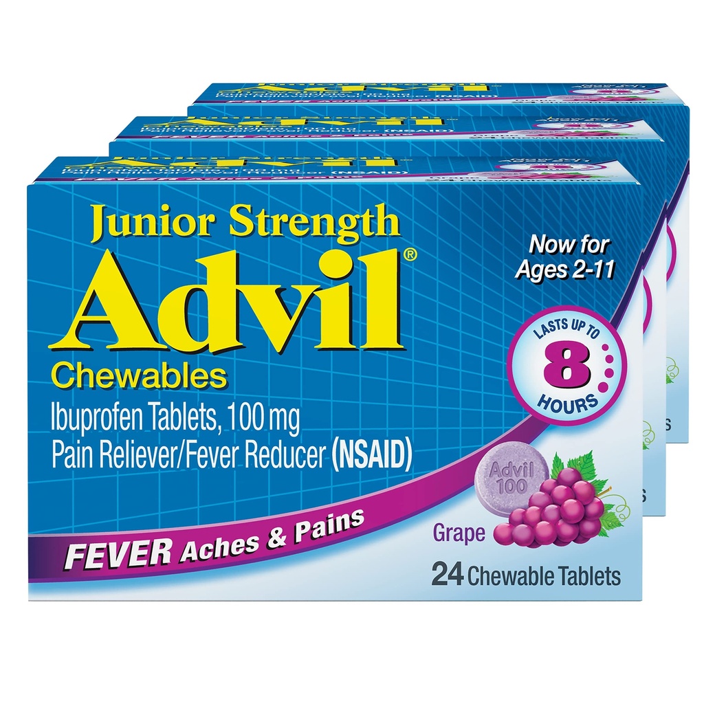 Advil Junior Strength Chewable Ibuprofène analgésique et réducteur de fièvre, Ibuprofène des enfants pour soulager la douleur, raisin - 24 comprimés (paquet de 3)