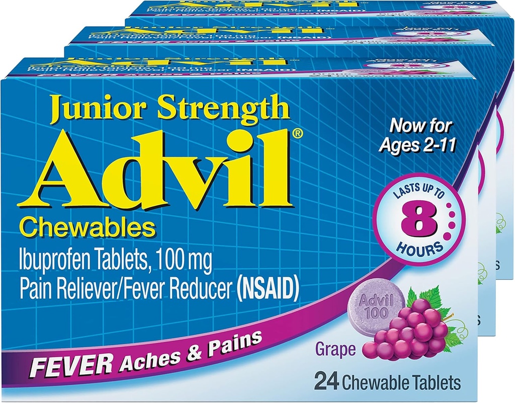 Advil Junior Strength Chewable Ibuprofen Pain Reliever and Fever Reducer, Children's Ibuprofen for Pain Relief, Grape - 24 Tablets (Pack of 3)