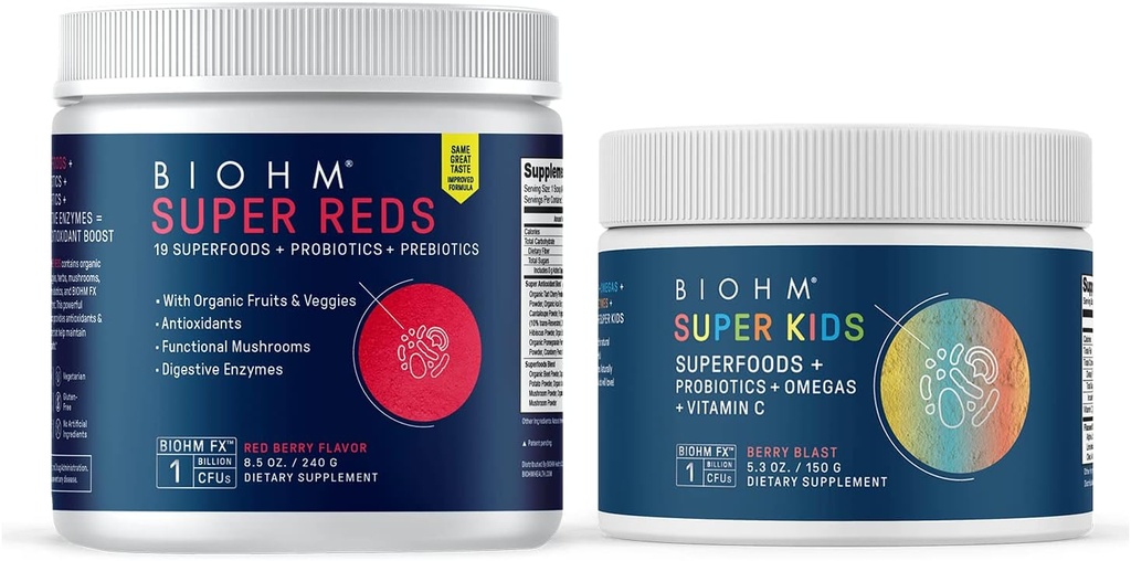 BIOHM Super Reds Superfood Powder, Tart Cherry & Super Kids Superfood Powder + Probiotiques, Antioxydants bénéfiques et Omega-3 - Sans gluten, sans OGM, sans produits laitiers, sans ingrédients artificiels