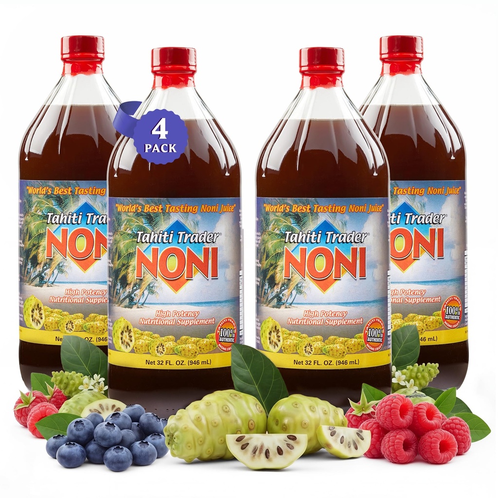 100 Pure Organic Noni Juice – Tahitian Noni Juice Original Formula | Natural Noni Fruit & Noni Leaf Extract | Non-GMO, No Artificial Additives | Vinali - (32oz, 4 Pack)