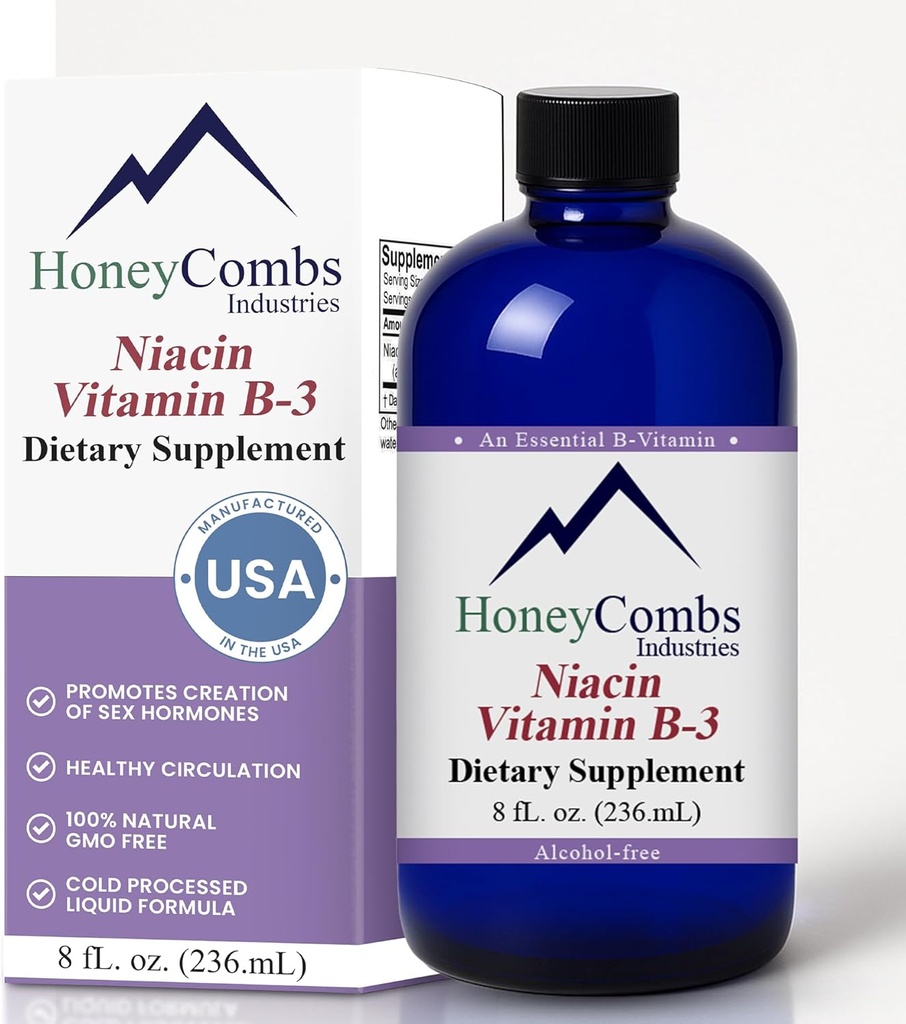 HoneyCombs Vitamine B3 Supplément Niacine gouttes liquides - Haute puissance Vitamine B3 gouttes liquides pour les hommes et les femmes - Maintenir le système digestif, la peau, la langue, l'énergie et plus - Vegan Niacine goutte (8 Fl oz)