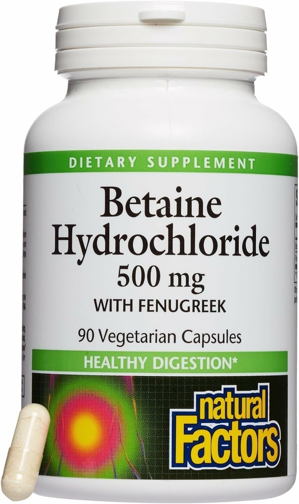 Facteurs naturels, bêtaine HCL 500 mg, soutient une digestion saine et un microbiome sain, 90 capsules (90 portions)