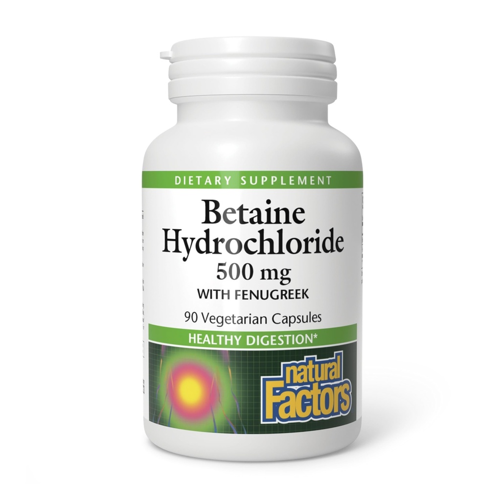 Facteurs naturels, bêtaine HCL 500 mg, soutient une digestion saine et un microbiome sain, 90 capsules (90 portions)