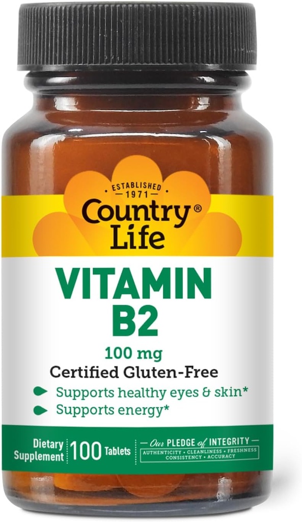 Country Life Vitamine B2 100mg Supplément Riboflavine – stimule la production d'énergie et soutient la fonction cellulaire, sans gluten, végétalien, casher, halal – aucun conservateur, OGM ou arômes artificiels, 100 Compte