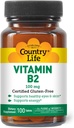 Country Life Vitamine B2 100mg Supplément Riboflavine – stimule la production d'énergie et soutient la fonction cellulaire, sans gluten, végétalien, casher, halal – aucun conservateur, OGM ou arômes artificiels, 100 Compte