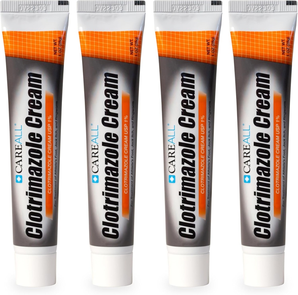 CareAll Clotrimazole Crème Antifongique 1% USP 1.0 oz. (4 Pack), Cure la plupart des athlètes Foot, Jock Ditch et Ringworm, comparer à la marque principale.
