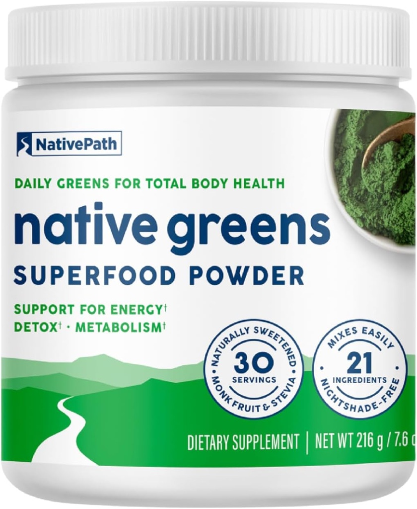 NativePath Native Greens Superfood Powder – Verts organiques, spiruline, poudre de racine de betterave, enzymes digestives, probiotiques, sans ombre de nuit, naturellement sucré, 30 portions