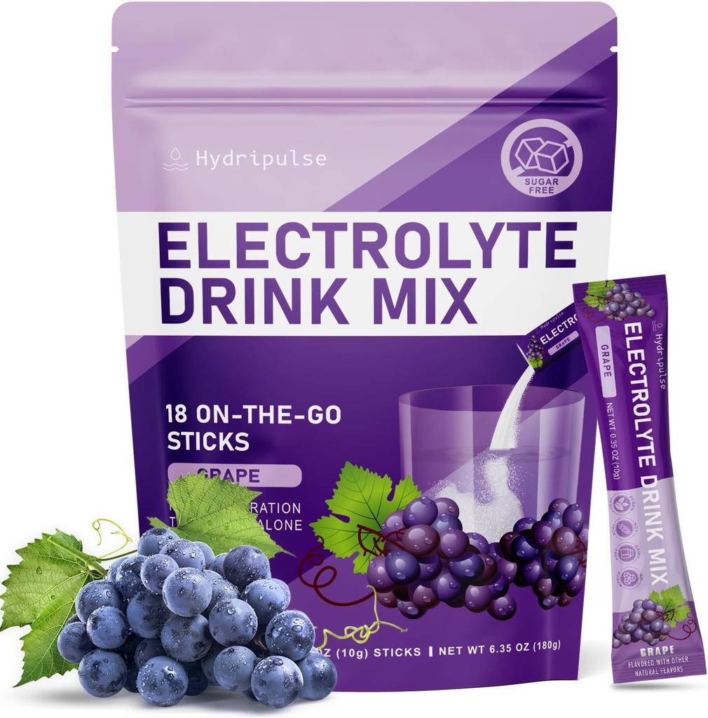 Electrolytes en poudre - sans sucre, naturellement aromatisé, 10 électrolytes et vitamines Mélange de boissons électrolytes - arômes de raisin, Keto Friendly, végétalien, non-OGM, 18 paquets