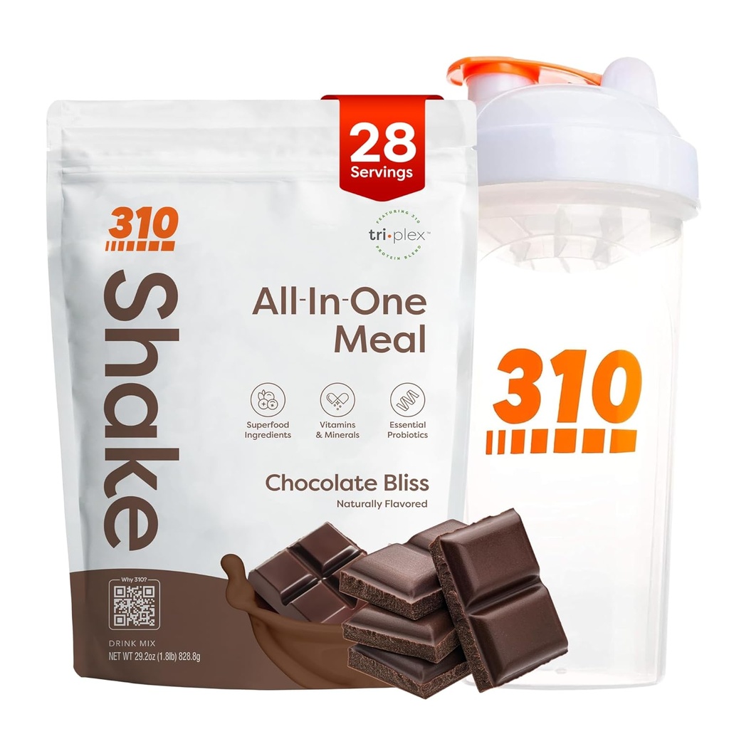 310 Nutrition All-in-One repas de remplacement Shake Powder w/Shaker Cup Starter Kit - Haute protéine fibre riche mélange végétalien Superfood - sans sucre, Keto & Paleo Friendly, Faible Carb - Chocolate Bliss 28 srv