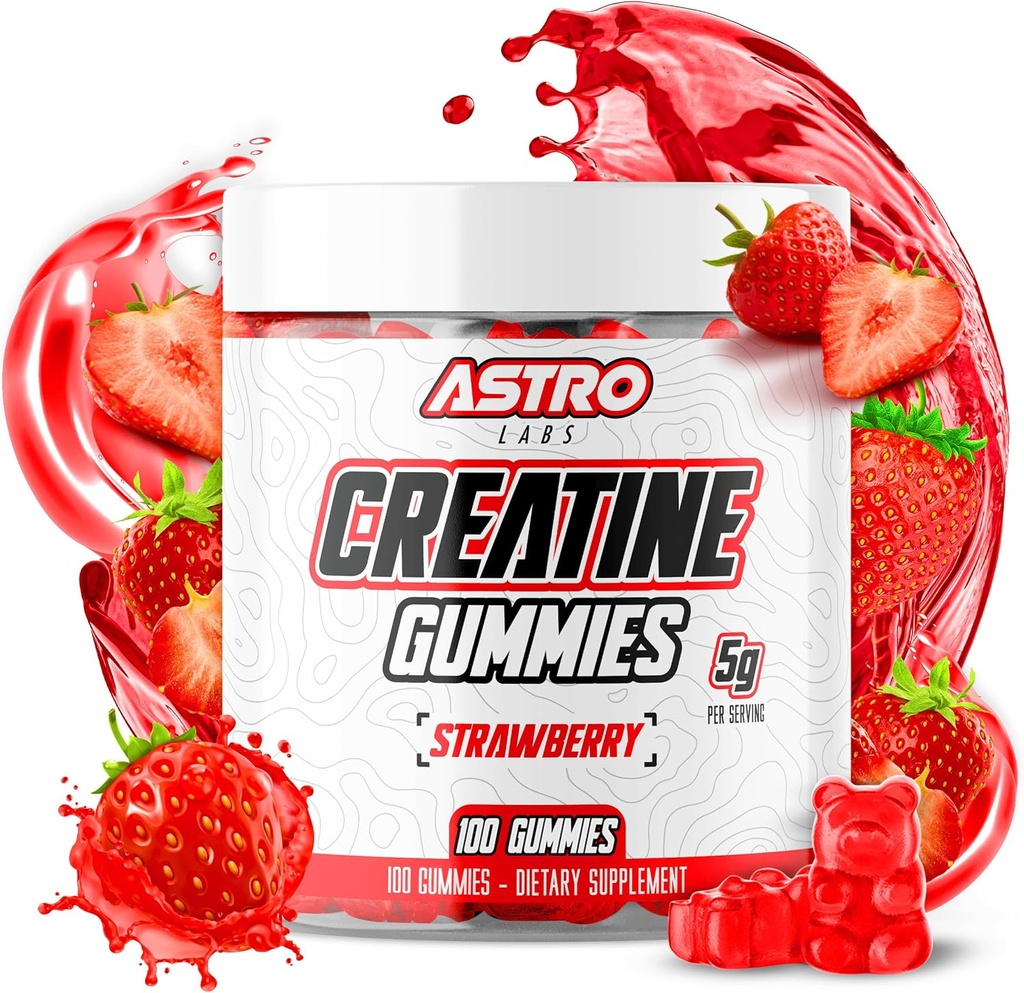 Gommies de créatine pour les hommes et les femmes - 5g par service, augmenter la force, le gain musculaire, la récupération, l'endurance - végétalien, sans gluten, faible sucre Gommies monohydratées de créatine - fraise (100 comte)