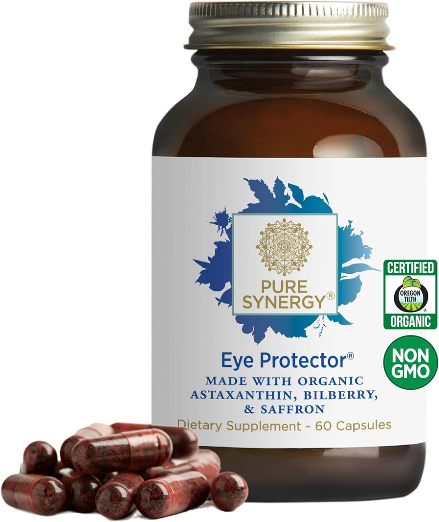 PURE SYNERGY Oeil Protecteur de 100% naturel, supplément de santé oculaire végétalien avec l'astaxanthine biologique, la lutéine et la zéaxanthine pour une vision saine (60 capsules)
