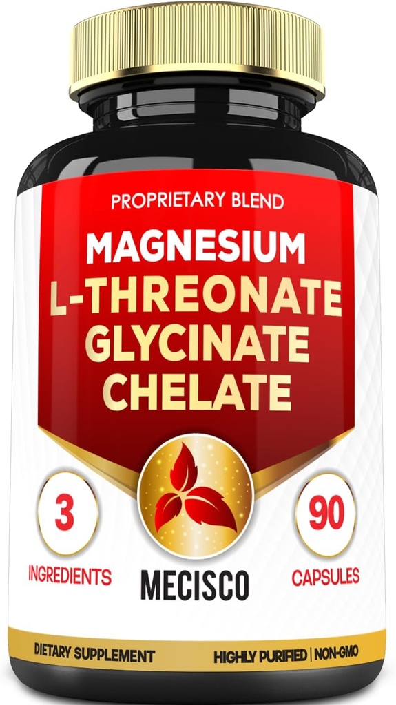 1500mg Magnésium L-Thréonate Supplément avec Magnésium Bisglycinate & Magnésium Chelate - Soutien pour l'esprit confortable, la santé osseuse et la santé du cerveau - 90 Capsules