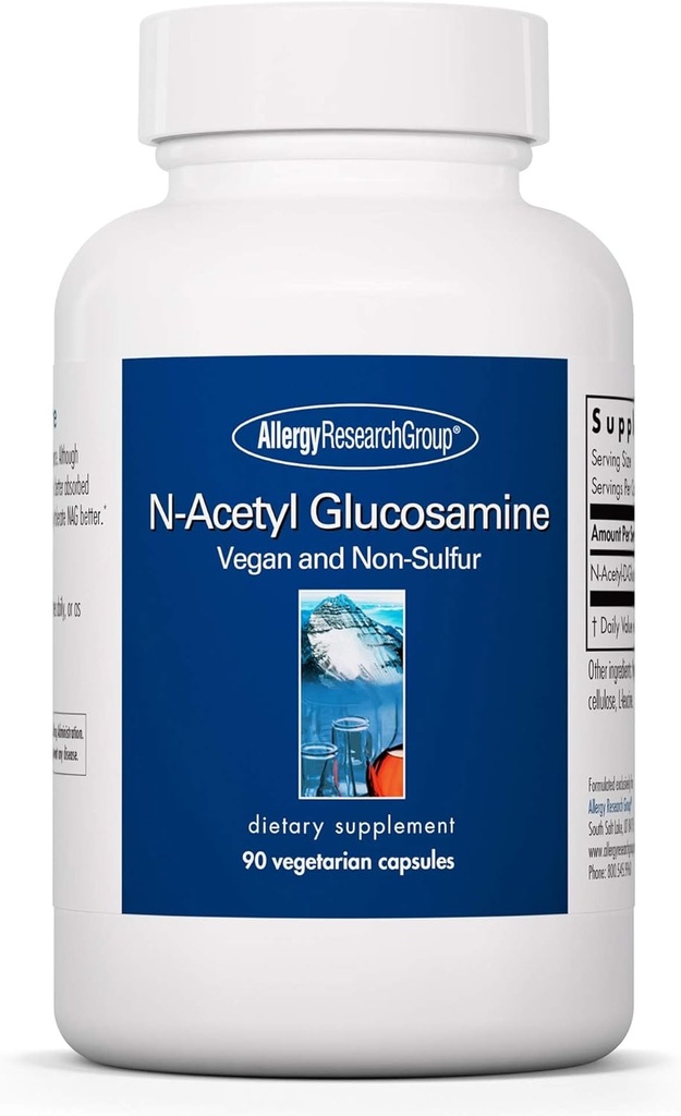 Groupe de recherche sur l'allergie N-acétyl D-Glucosamine 500mg - Supplément NAG, Soutien conjoint, Glucosamine sulfate, Formule de santé conjointe, Activateur de motilité, Vegan, Non-Sulfur, Capsules végétariennes - 90 Compte
