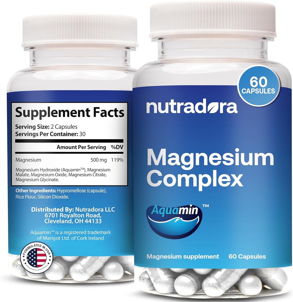 Supplément complexe de magnésium 500mg pour les hommes et les femmes - Glycinat de magnésium et oxyde pour une meilleure santé du sommeil, des muscles et du cœur, formulé aux États-Unis, 60 Capsules (Pack of 1)