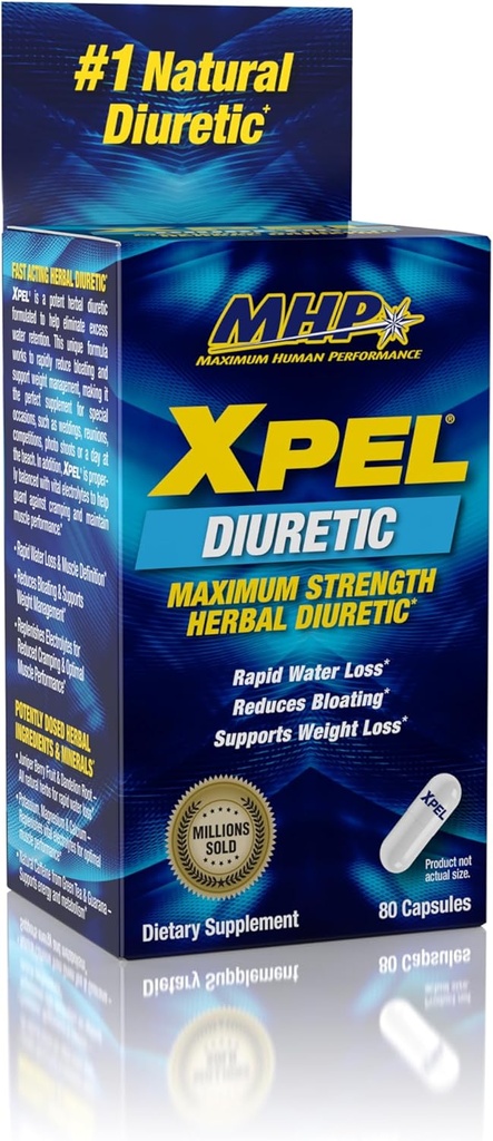 Performance humaine maximale Xpel Forte maximale Piles d'eau diurétique, pour la rétention d'eau, support de perte de poids, avec la vitamine B-6 Potassium Dandelion Racine, 80 Capsules