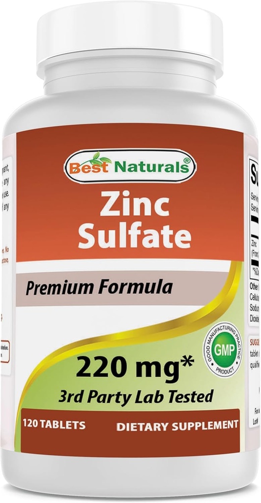 Best Naturals Zinc Sulfate 220 mg 120 Tablets - 3rd Party Lab Tested - Made in The USA - Gluten Free & Non-GMO