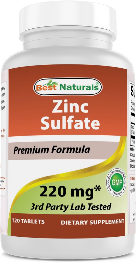 Meilleur Sulfate de zinc naturel 220 mg 120 Comprimés - 3ème Party Lab testé - Fabriqué aux États-Unis - Sans gluten et sans OGM