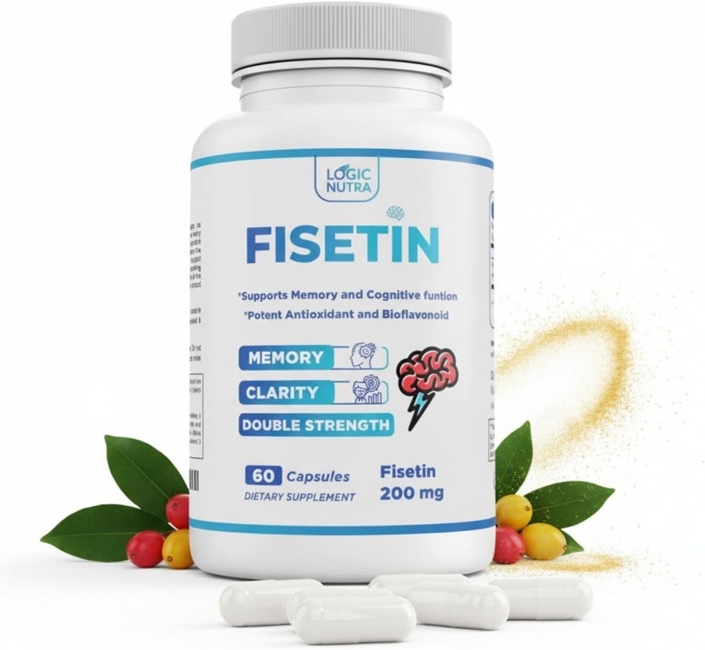 Fisetin Double Strength - Suppléments de Fisetin 200 mg - Sans OGM, végétalien et sans gluten - 60 capsules - Supplément antioxydant pour le bien-être