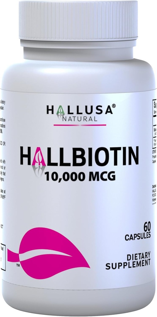 Hallusa Capsules de biotine naturelle 10 000 mcg Cheveux, peau et ongles sains - Pastillas para la caída del Cabello - Crecimiento del Cabello – Crecimiento de la Barba - Alopecia y calvicie - 60 Capsules