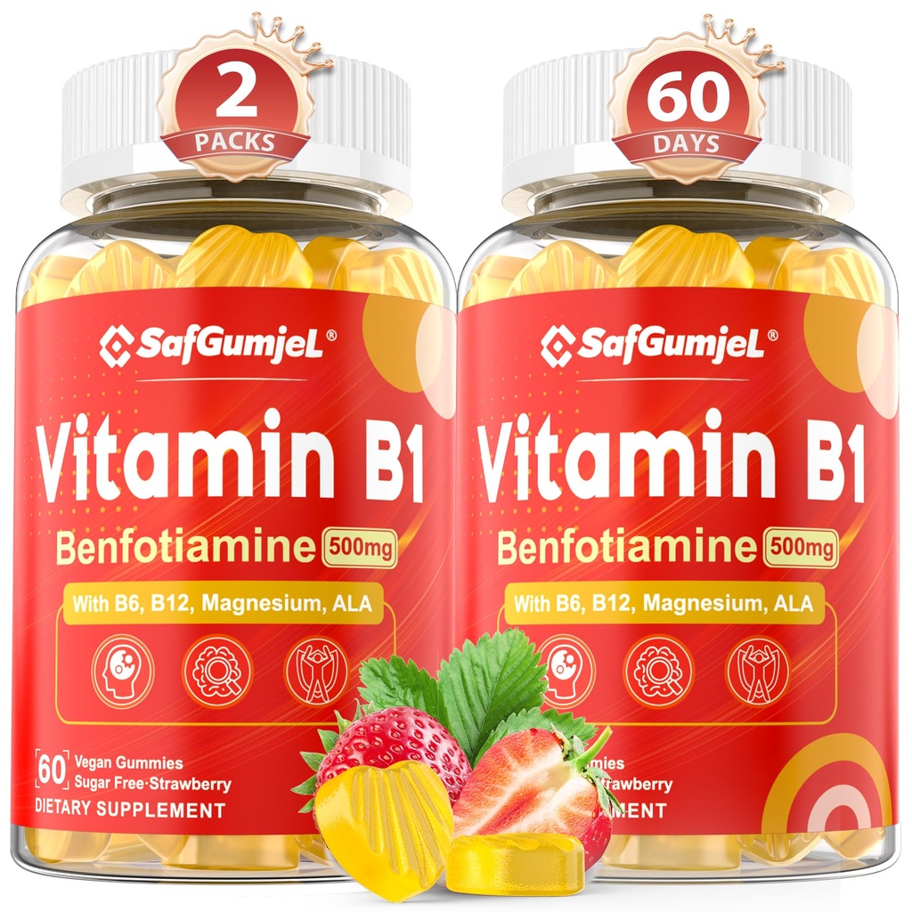 Vitamin B1(Benfotiamine) Gummies 500mg – B1 B6 B12 Vitamins with Magnesium for Energy Metabolism, Healthy Nervous System – Chewable B Complex for Adults & Kids - Vegan, Sugar Free, 120 Ct