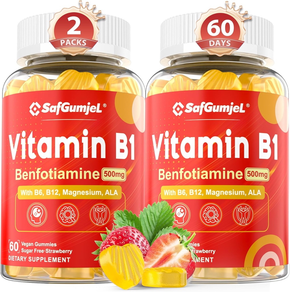 Vitamine B1 Gummées: 500mg de benfotiamine avec vitamine B6 B9 B12 et magnésium pour la santé, l'énergie et le métabolisme Nerveux Soutien au sucre, sans OGM, végétalien, 120 comtes