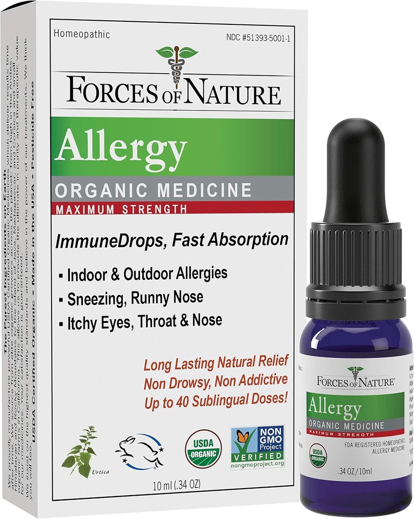 Forces de la nature Allergie Relief, Organic Maximum Strength homéopathique Medicine, 0.34 Fl Oz, Immune Support & Multi Symptom Relief from Indoor & Outdoor Allergies, Runny Nez, Itchy Yeux, Non-Drowsy