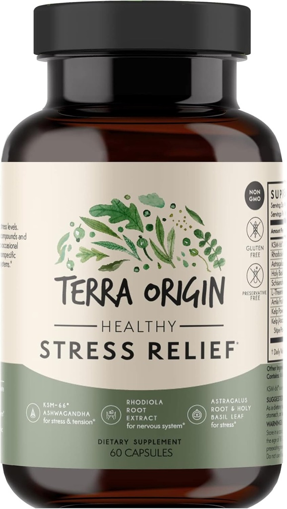 ORIGINAL TERRA Supplément de stress sain , 60 capsules , KSM-66 Ashwagandha biologique , L-Theanine , Extrait de Rhodiola , Astragalus racine et basilic saint , Stress and Mood Support