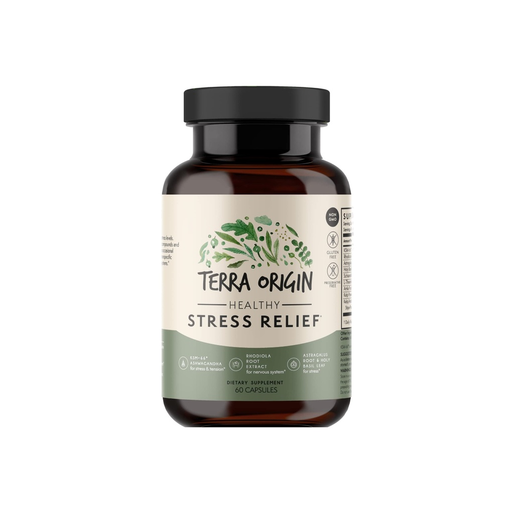 ORIGINAL TERRA Supplément de stress sain , 60 capsules , KSM-66 Ashwagandha biologique, L-Theanine, extrait de Rhodiola, racine d'Astragalus et basilic saint , Stress and Mood Support