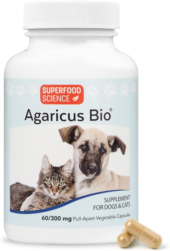 Agaricus Bio 300mg pour les canines et les félines, Beta Glucan Mushroom Pet Supplément pour stimuler la défense immunitaire critique et la santé cellulaire, poudre antioxydante, soutien énergétique pour les chiens et chats âgés, 60 capsules