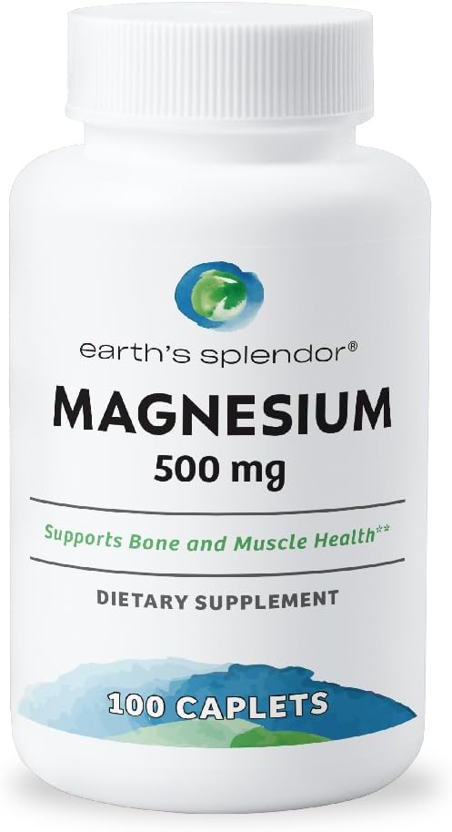 Splendeur de la Terre Bone et supplément de magnésium musculaire pour les hommes et les femmes, sans préservation artificielle ou saveur, soutient la santé des os et des muscles, sans blé (500mg, 100caplets)