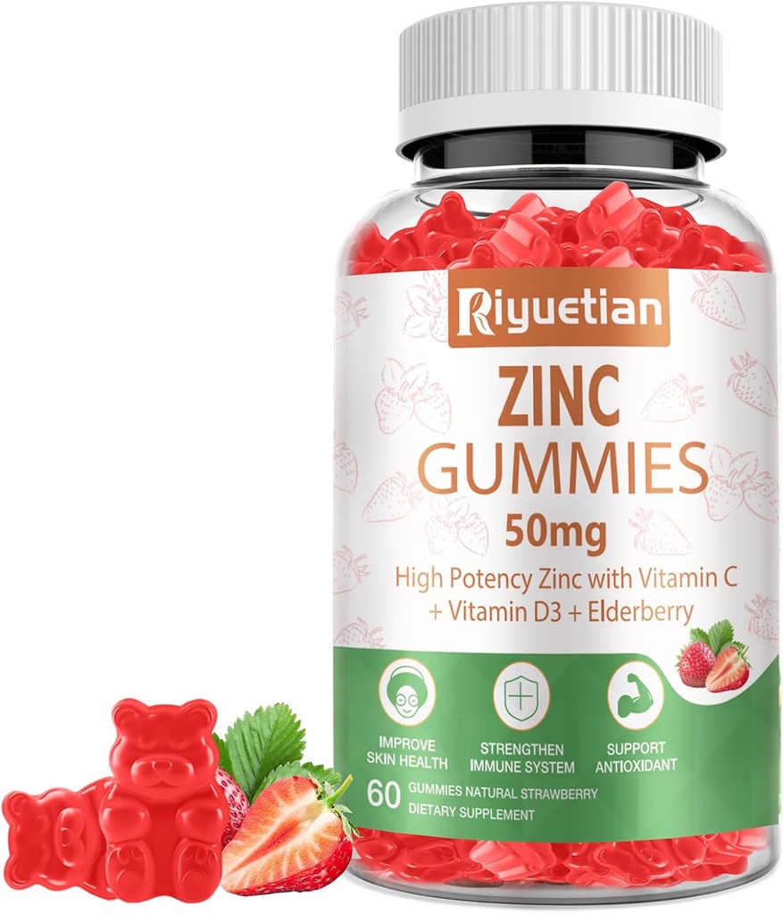 Gommies de zinc - 50mg Zinc de haute puissance avec vitamine C + vitamine D3 + Elderberry - Immune Health Support - Vegan, non-OGM et sans gluten - 60 Gommies