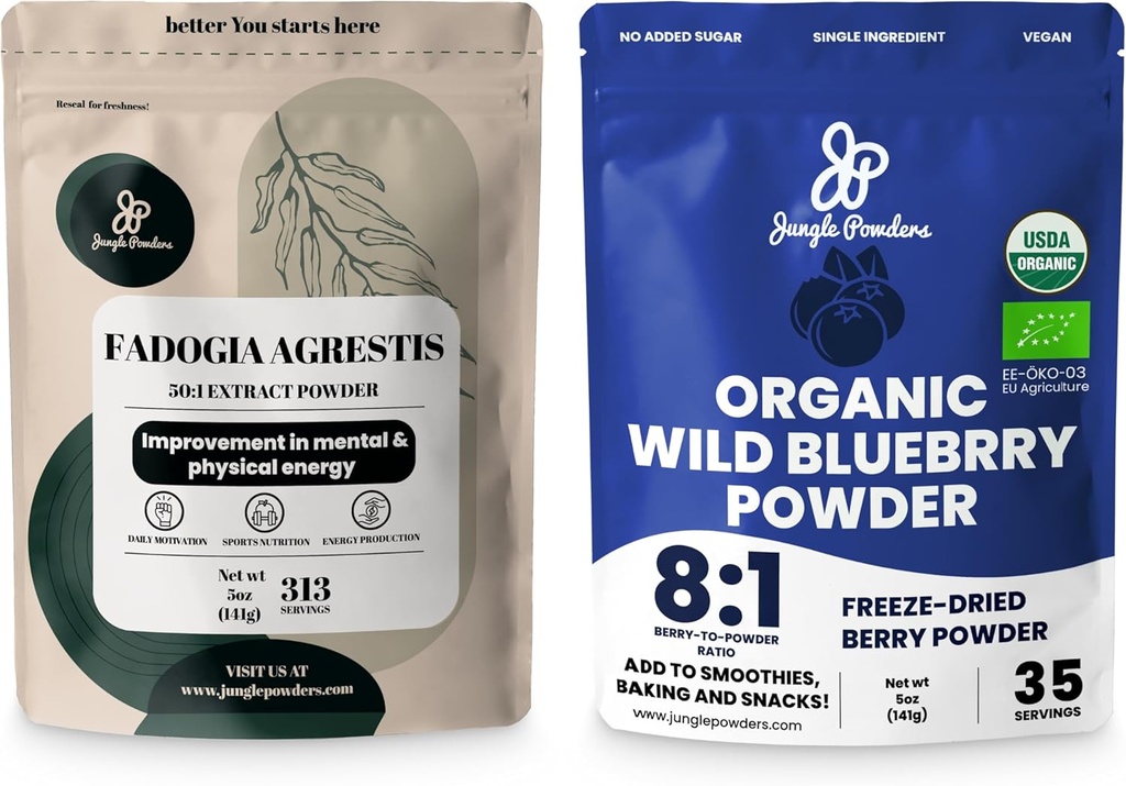 Poudres de Jungle pour Homme Santé & Vitalité Bundle: 5oz Fadogia Agresti Extract Powder for Drive & Passion + 5oz USDA Certified Bio Wild Blueberry Powder for Enhanced Wellness in Smoothies & Baking!