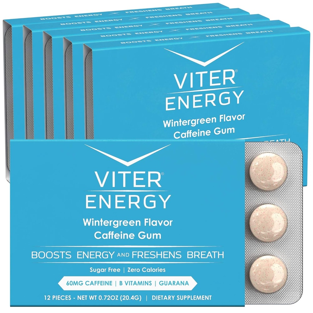 Viter énergie caféiné Gum 60mg caféine, B vitamines, Guarana, sans sucre. (Wintergreen, 12pcs, 6 Pack)