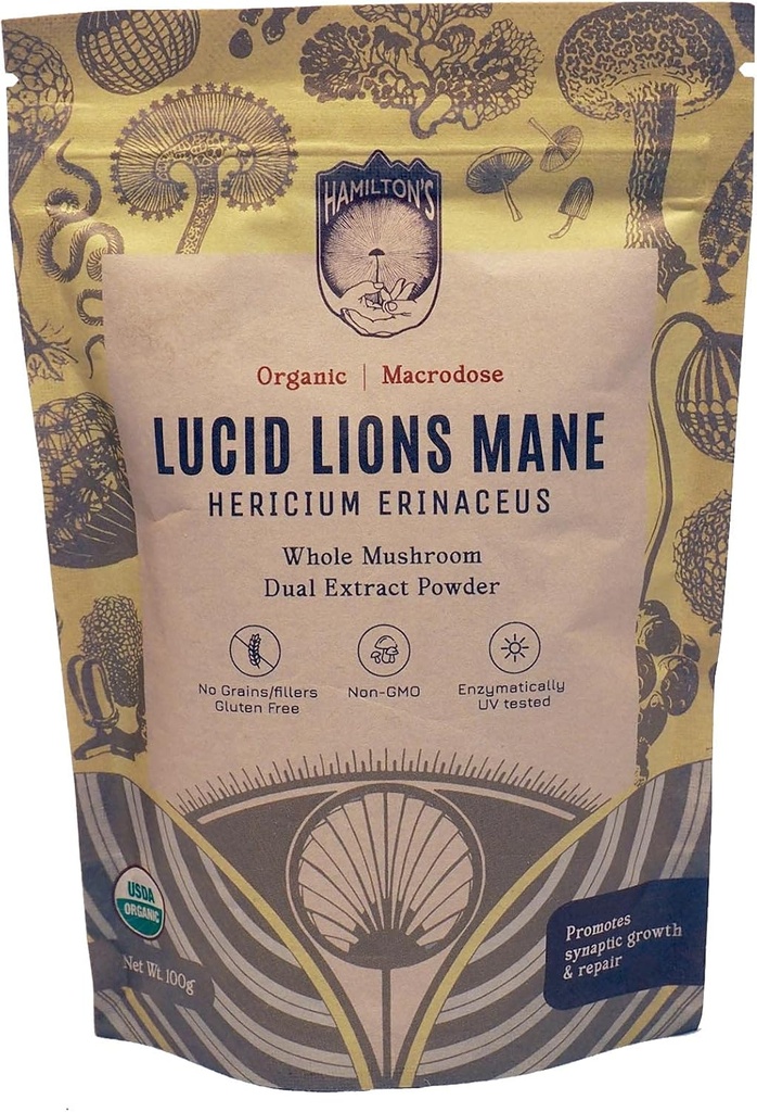 Hamilton’s Lucid Lion’s Mane | Organic Mushroom Extract Powder for Synapse Repair, Nerve Growth Factor, Focus, Memory, and Concentration | High Potency | 30% Beta Glucans | GF, Non-GMO, Vegan (100g)