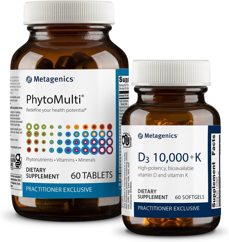 Métagène Bien-être essentiel Duo: D3 10 000 + K - pour le soutien immunitaire, la santé osseuse et la santé cardiaque - 60 Softgels et PhytoMulti sans fer - Multivitamine quotidienne pour la santé globale et le vieillissement - 60 comprimés