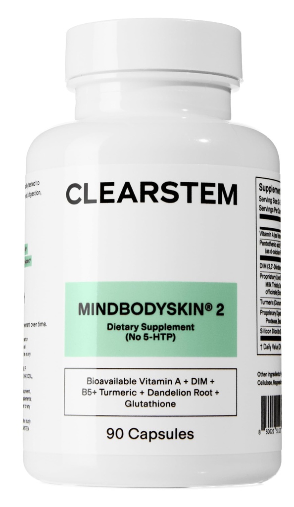 CLEARSTEM - Supplément à l'acné hormonal MINDBODYSKIN (No 5-HTP) - Supplément naturel DIM - Vitamines de soins de la peau - Balance hormonale, Antioxydants - Sans gluten, Sans cruauté - 30 portions, 90 capsules