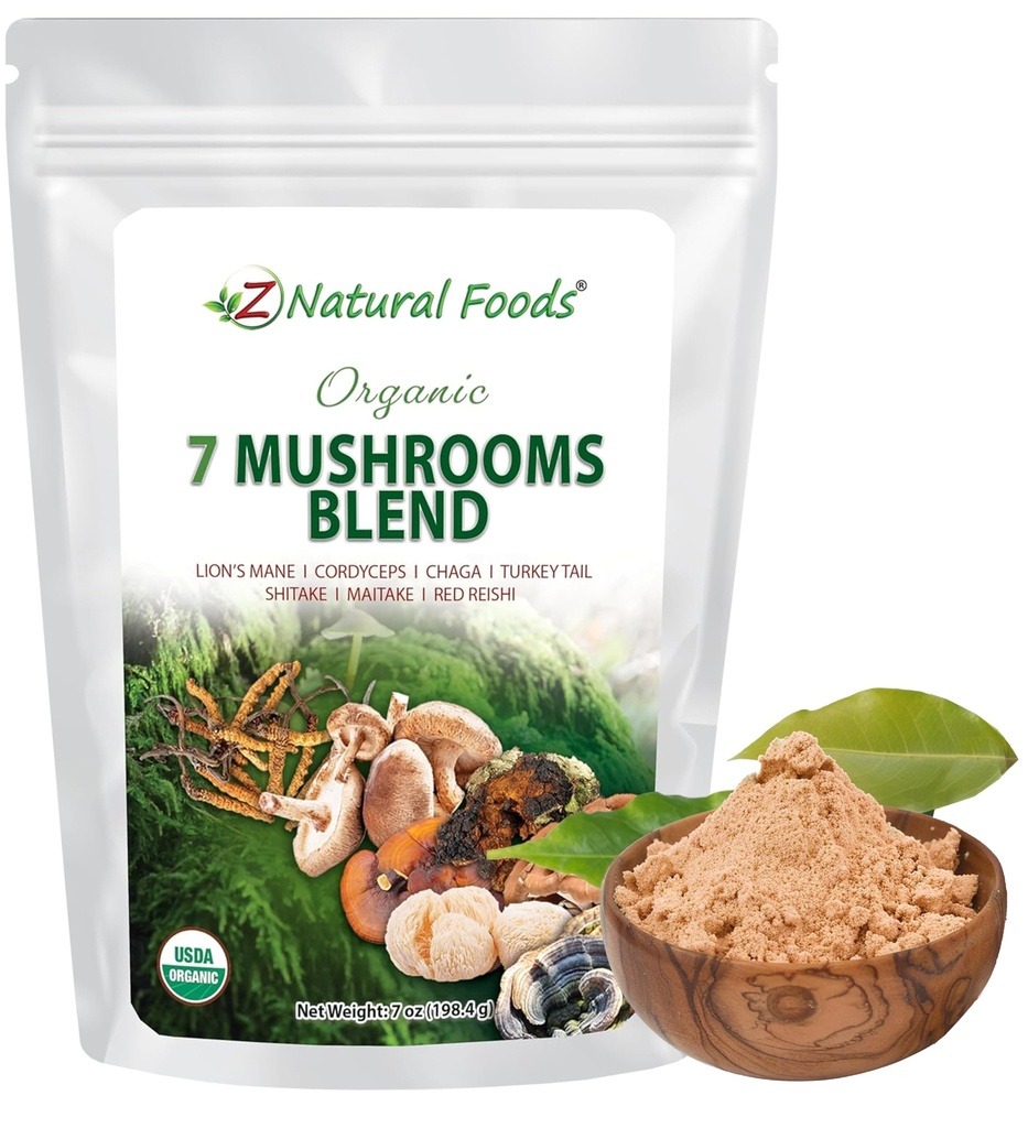 Z Aliments naturels Biologique 7 Mélanges de champignons sacrés - Poudre de champignons pour la santé immunitaire - Lion, Cordyceps, Chaga, Red Reishi, Shiitake, Maitake et Turquie Extrait de queue pour café, smoothies, 7 oz