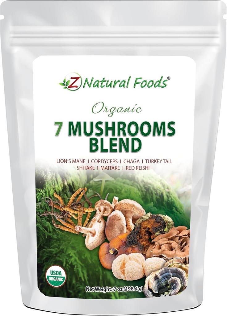 Z Aliments naturels Biologique 7 Mélanges de champignons sacrés - Poudre de champignons pour la santé immunitaire - Lion, Cordyceps, Chaga, Red Reishi, Shiitake, Maitake et Turquie Extrait de queue pour café, smoothies, 7 oz