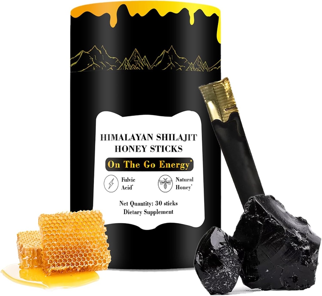 Shilajit Honey Sticks, 30 Sticks - Résine pure himalayenne, Honey biologique et safran pour l'énergie boost, Immune Support & Vitalité, SHILAJIT Honey Sticks pour hommes et femmes