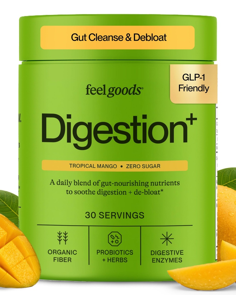 Feel Goods Gut Guardian, Fibre biologique, Probiotique et poudre prébiotique, Sans sucre, Herbes pour Bloat, Gut Health Support, Digestive Health for Men & Women, Non OGM, Vegan, Mango Tropical, 30CT