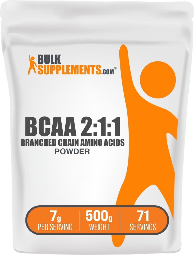 BulkSupplements.com BCAA 2:1:1 Poudre - Acides aminés à chaîne ramifiée, BCAAs Acides aminés Poudre - Sans aromatisants et sans gluten, 1g par portion, 500g (1,1 lb) (paquet de 1)