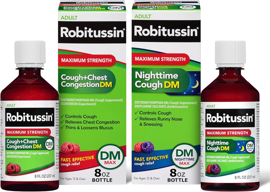 Robitussine DM Max Cough Plus Congestion thoracique et Robitussine Force maximale pendant la nuit DM, formules pour adultes - 2 x 8 bouteilles d'Oz