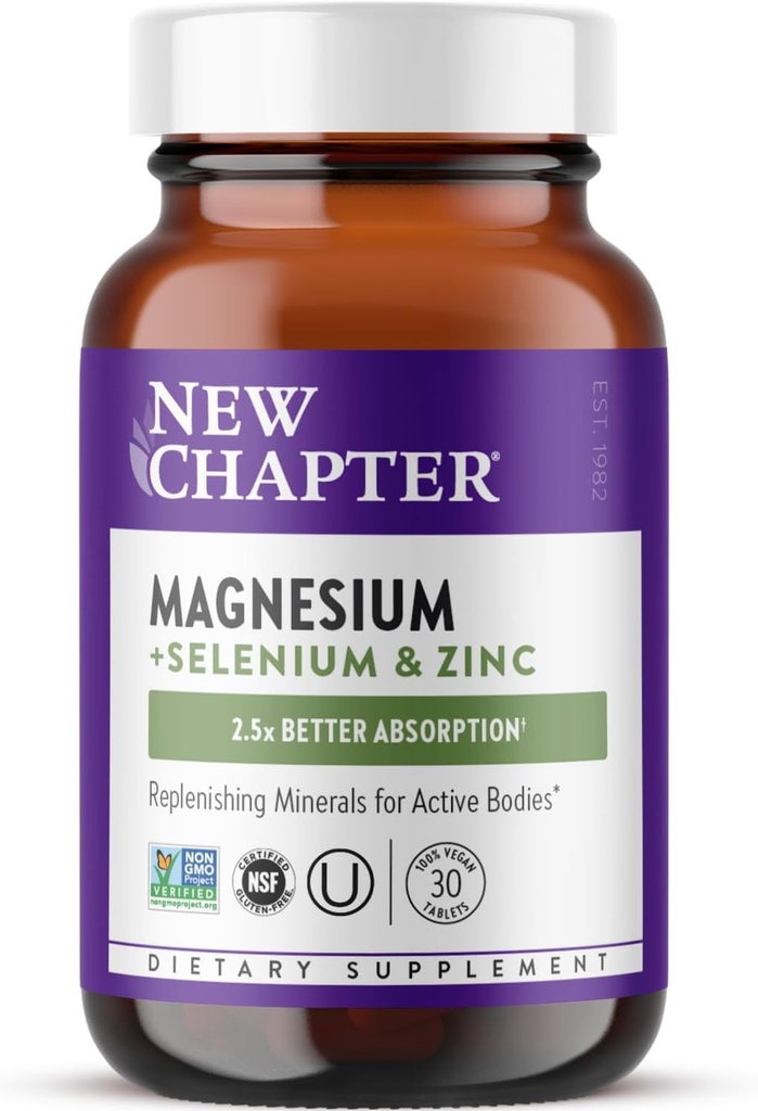 Nouveau chapitre Supplément Magnésium-Sélénium-Zinc, 325 mg Magnésium dans une tablette quotidienne pour les corps actifs, rebondir en arrière après l'exercice avec des minéraux de soutien musculaire + électrolytes hydratants, 30 Compte
