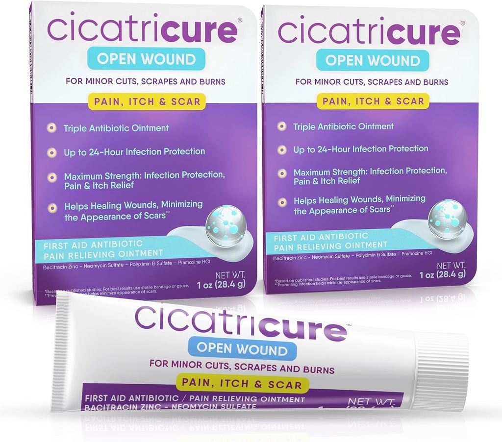 Cicatricure Onguent triple antibiotique avec soulagement de la douleur, onguent antibiotique bacitracine et crème pour le soin des plaies, onguent de guérison pour les coupures, brûlures, piqûres d'insectes, fournitures de premiers soins essentielles, 1 oz